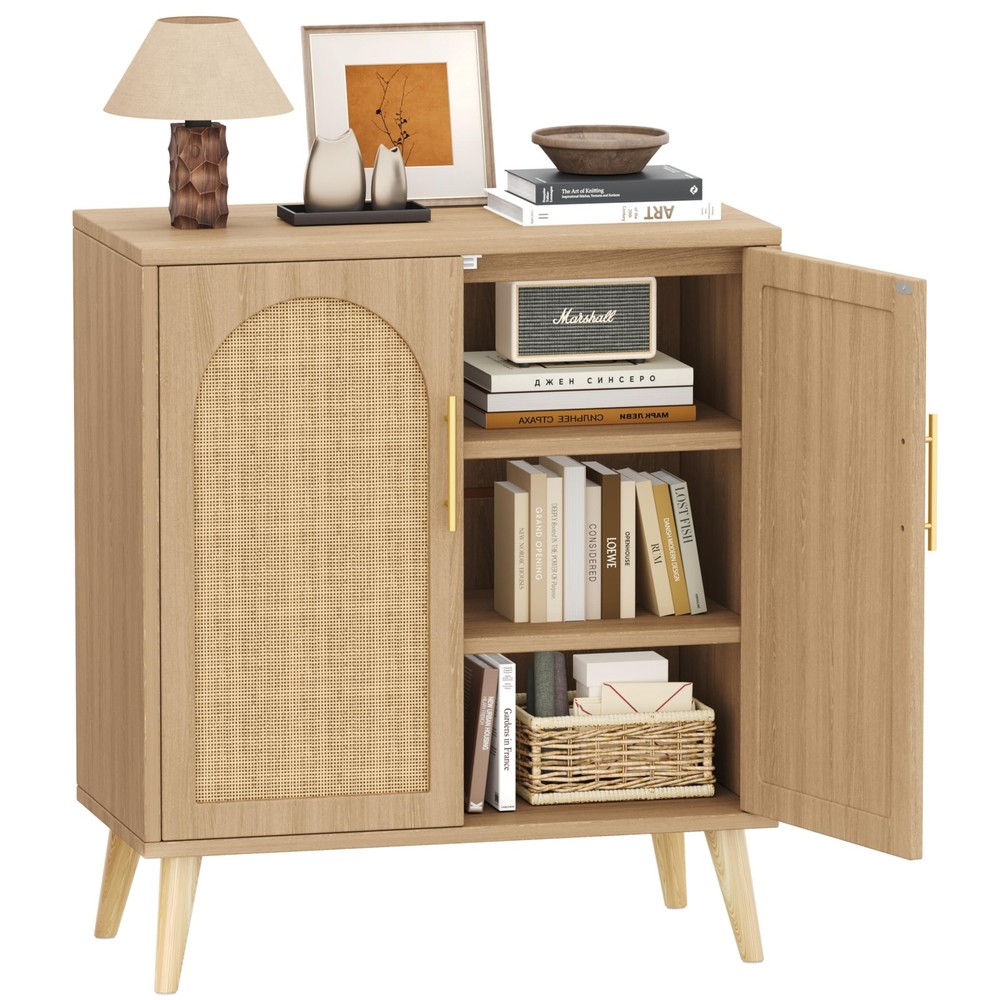 Rattan Buffet Cabinet with Storage, Boho Buffet Table with Adjustable Shelf a...