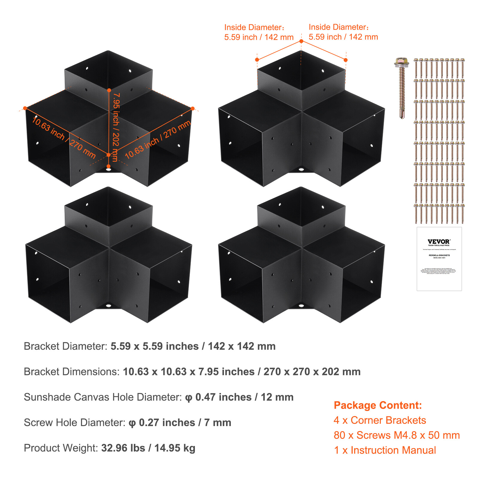 VEVOR 6''x6'' Pergola Bracket Kit 3-Way Woodworks DIY Post for Gazebos 4 pcs