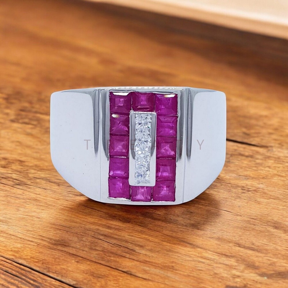 Ruby Square Cut Gemstone With 14K Solid White Gold Ring For Men's #A215