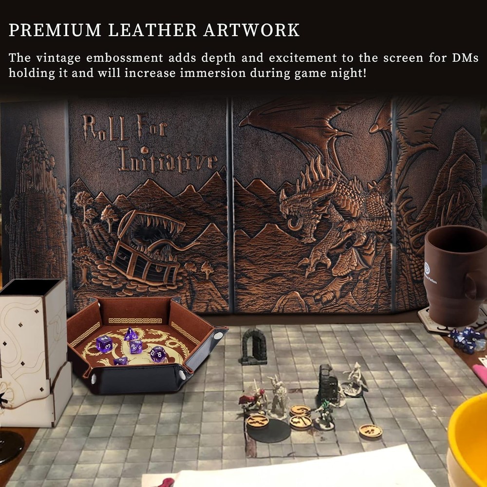 Faux Leather D&D Dungeon Master Screen with Dragon & Mimic Design – 4 Panels