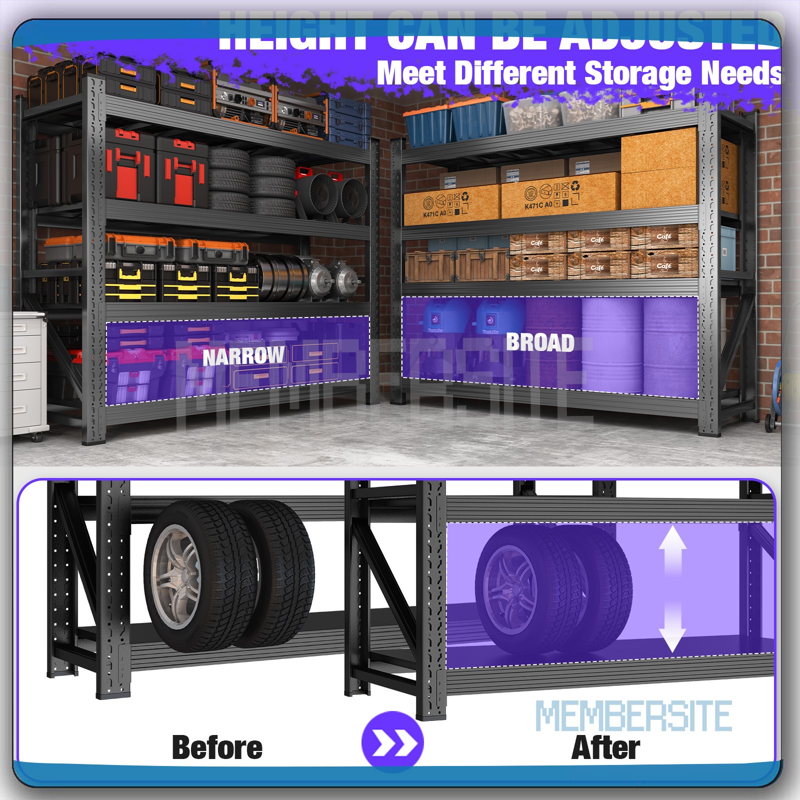 63" H/ 71" H Garage Shelving Heavy Duty 5 Tier Metal Storage Shelves Adjustable