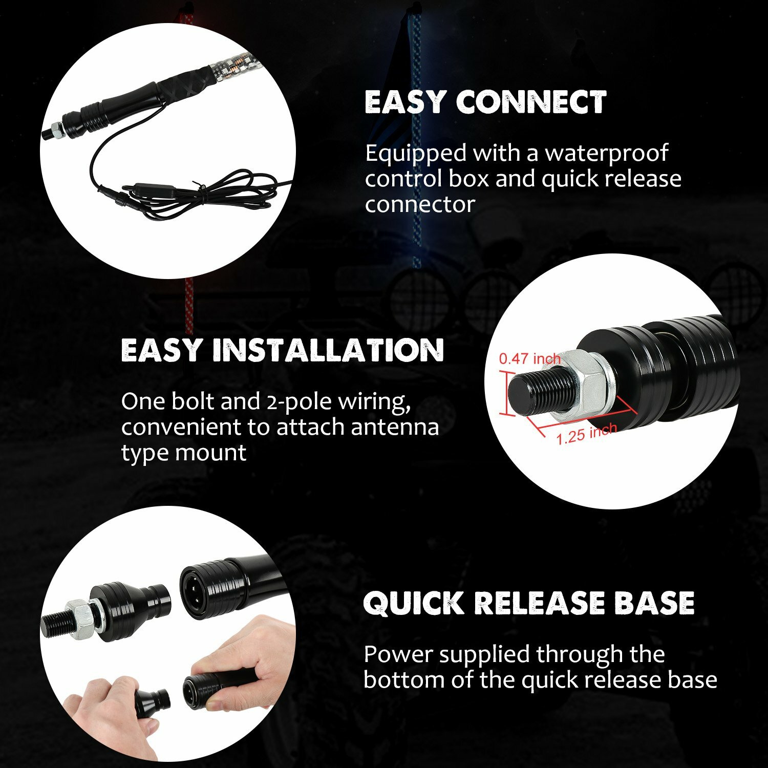 Pair 4ft RGB Spiral LED Whip Lights Antenna Chase + US Flag & Remote for ATV UTV