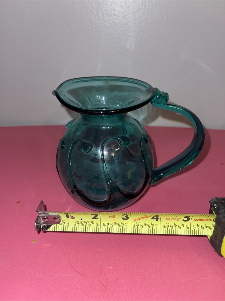 Hand Blown Blue Glass Pitcher Wave Pattern 5”