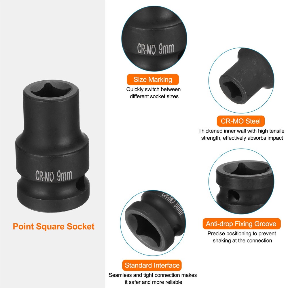 4 Point Square Socket 1/2" Drive 9mm Metric CR-MO Square Impact Wheel Socket