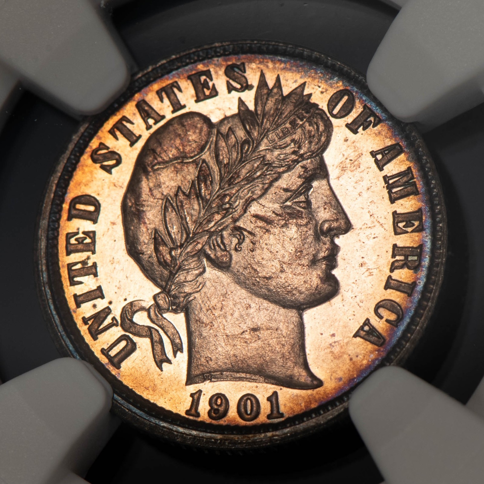 1901 10c Silver Barber Dime Proof Coin - Rainbow Rim Toning - NGC PF 62 - B5636