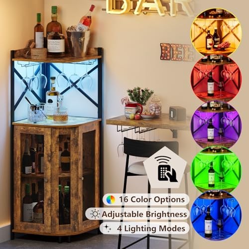 Corner Bar Cabinet with LED 4-Tier Rustic Brown with LED Lights