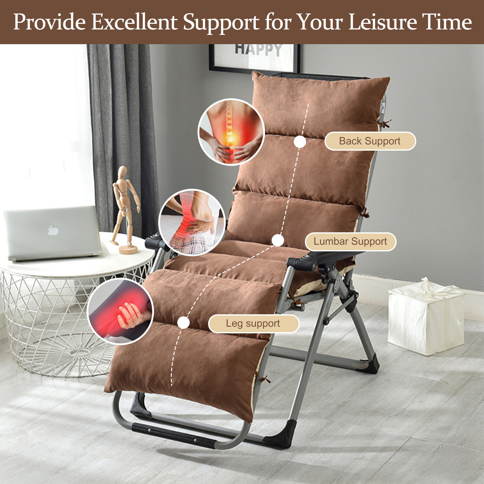 Extra Thick Chaise Lounge Cushion Soft Suede Lounger Mattress 49" 61" 69" Pad