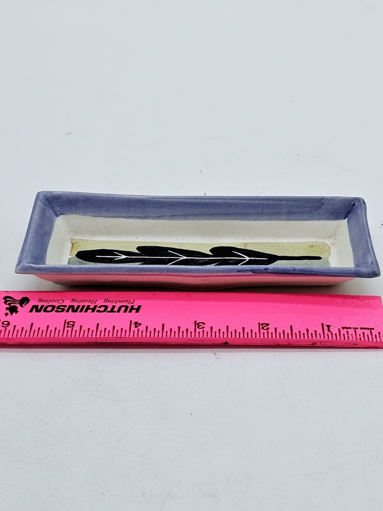 Pottery Dish Rectangular GS Stamp Muted 5.75 x 2.25" Trinket Hand Painted