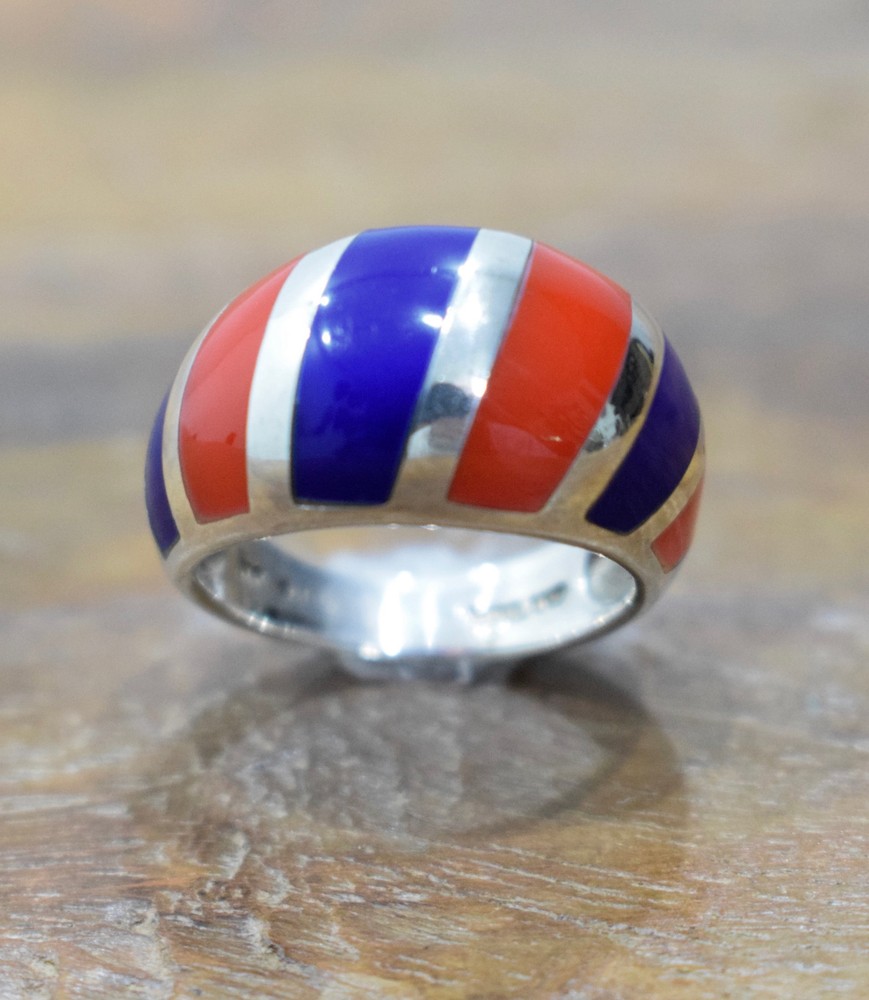Ring Sterling Silver Red Blue Stripped Ring