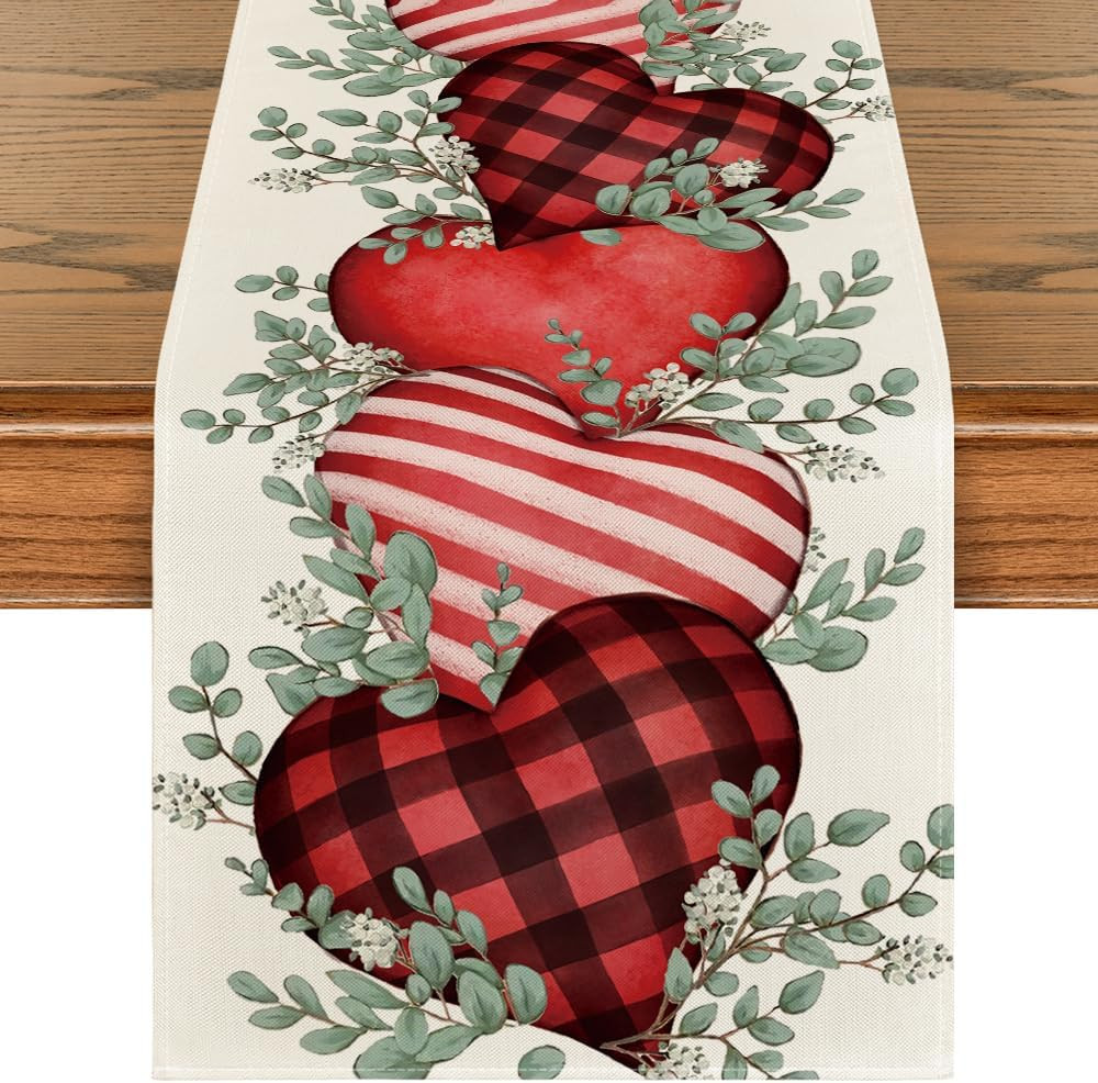 Eucalyptus Hearts Valentine's Day Table Runner, Holiday Kitchen Dining Table Dec