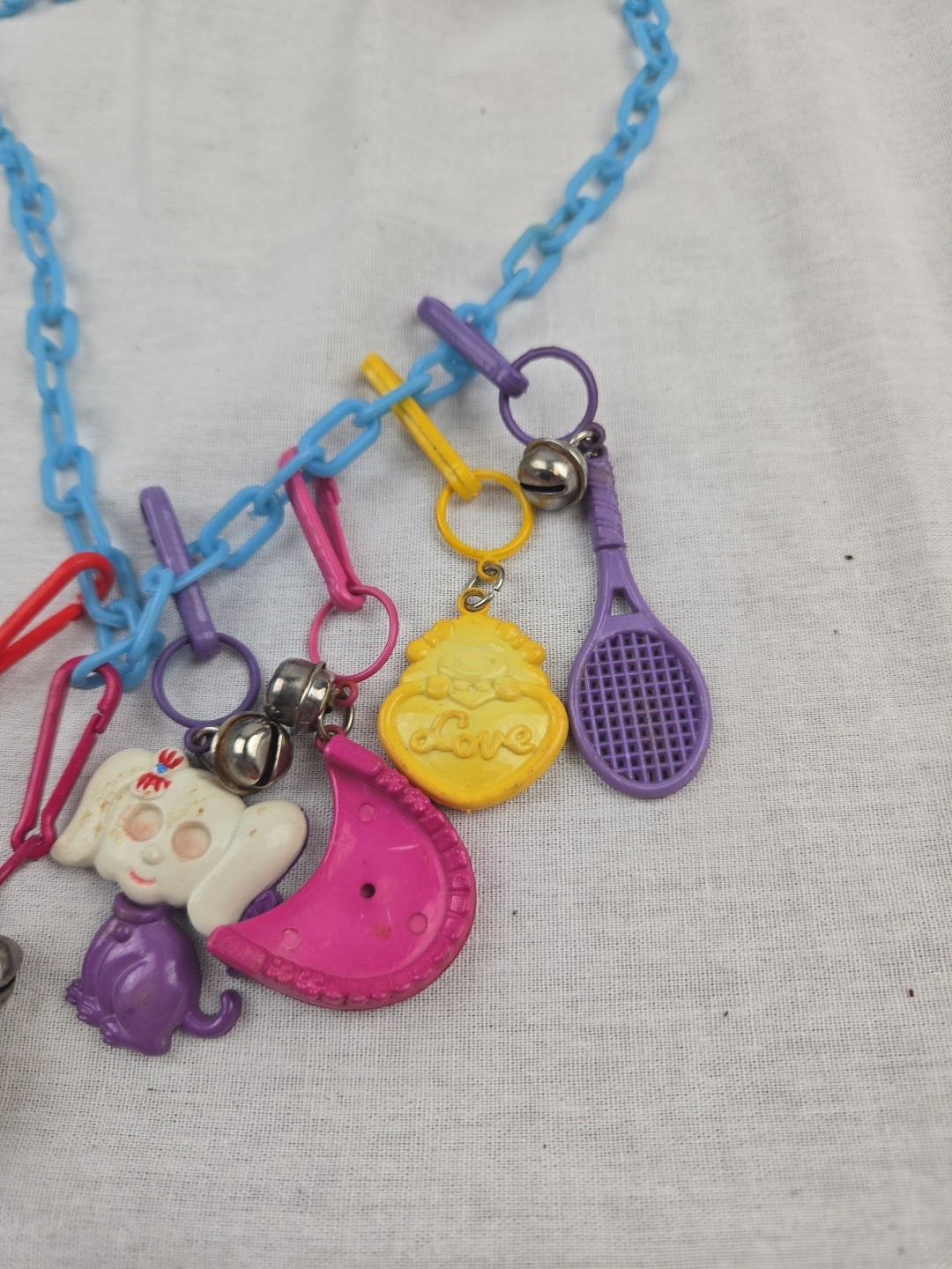 Vintage 80s Plastic Clip On Bell Charm Necklace 5 Charms