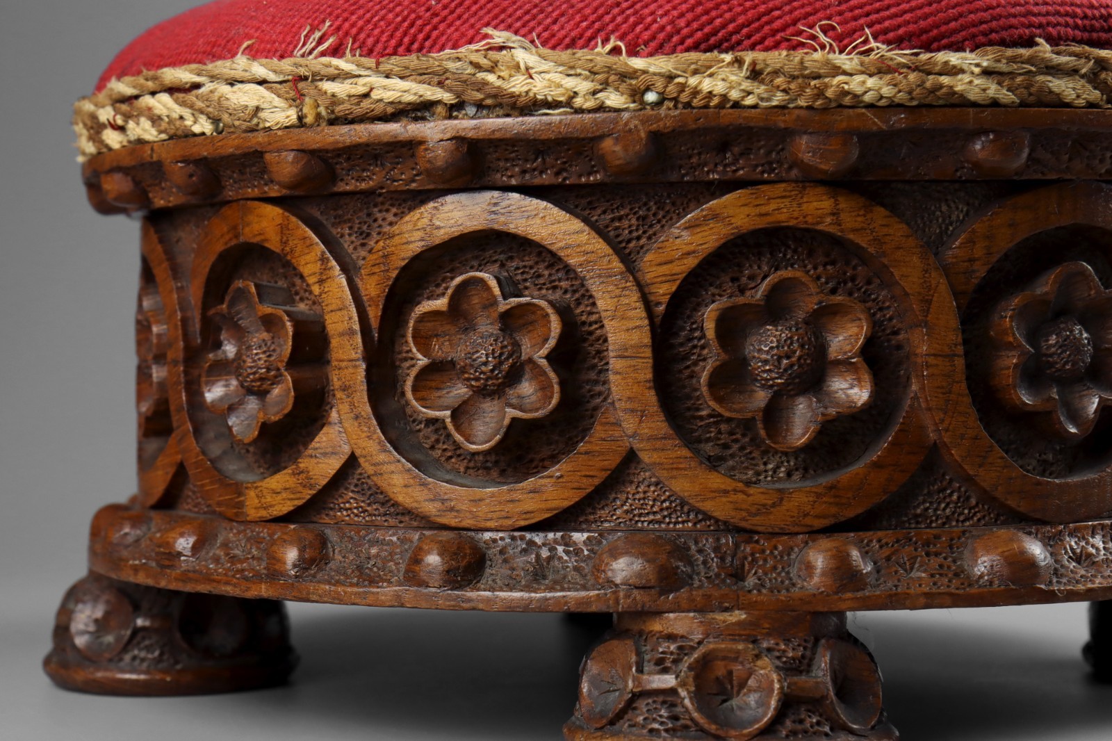 Antique 19th Century Ecclesiastical Gothic Carved Wood Oak Beaded Footstool