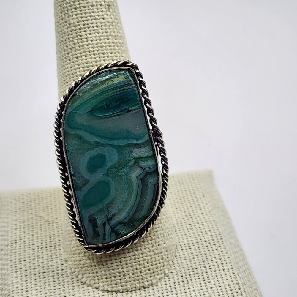 Handcrafted Artisan Green Stone Ring Sterling Size 9.25"