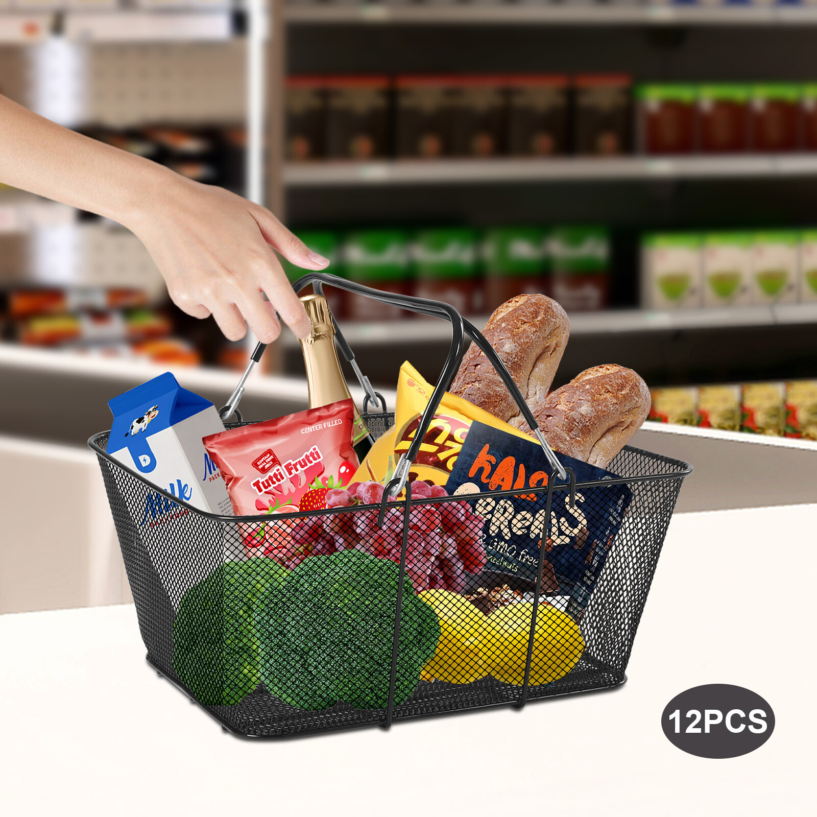 12 Pcs Shopping Baskets With Handles Black Metal Shopping Basket Stackable Iron