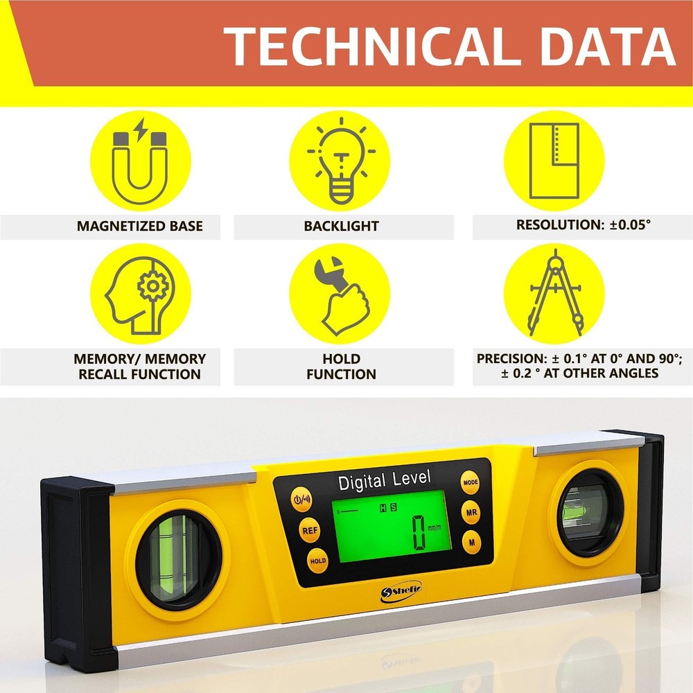 Shefio Digital Level - 10 Inch Torpedo Level And Protractor, Bright Lcd Displ...