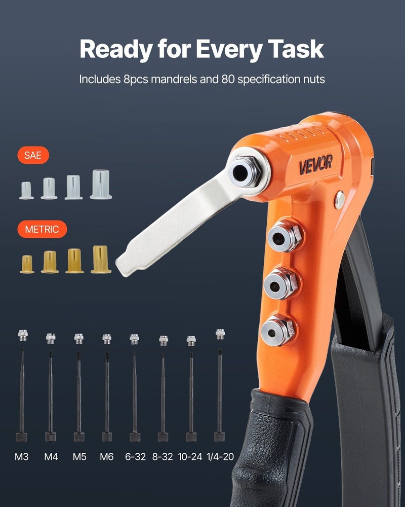 9-Inch Durable Rivet Nut Installer with 8 Mandrels, 80 Nuts, Step Drill, Case