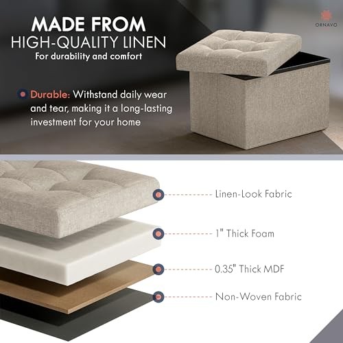 Small Storage Ottoman Foldable Collapsible Rectangle Linen Ottoman 1 Beige