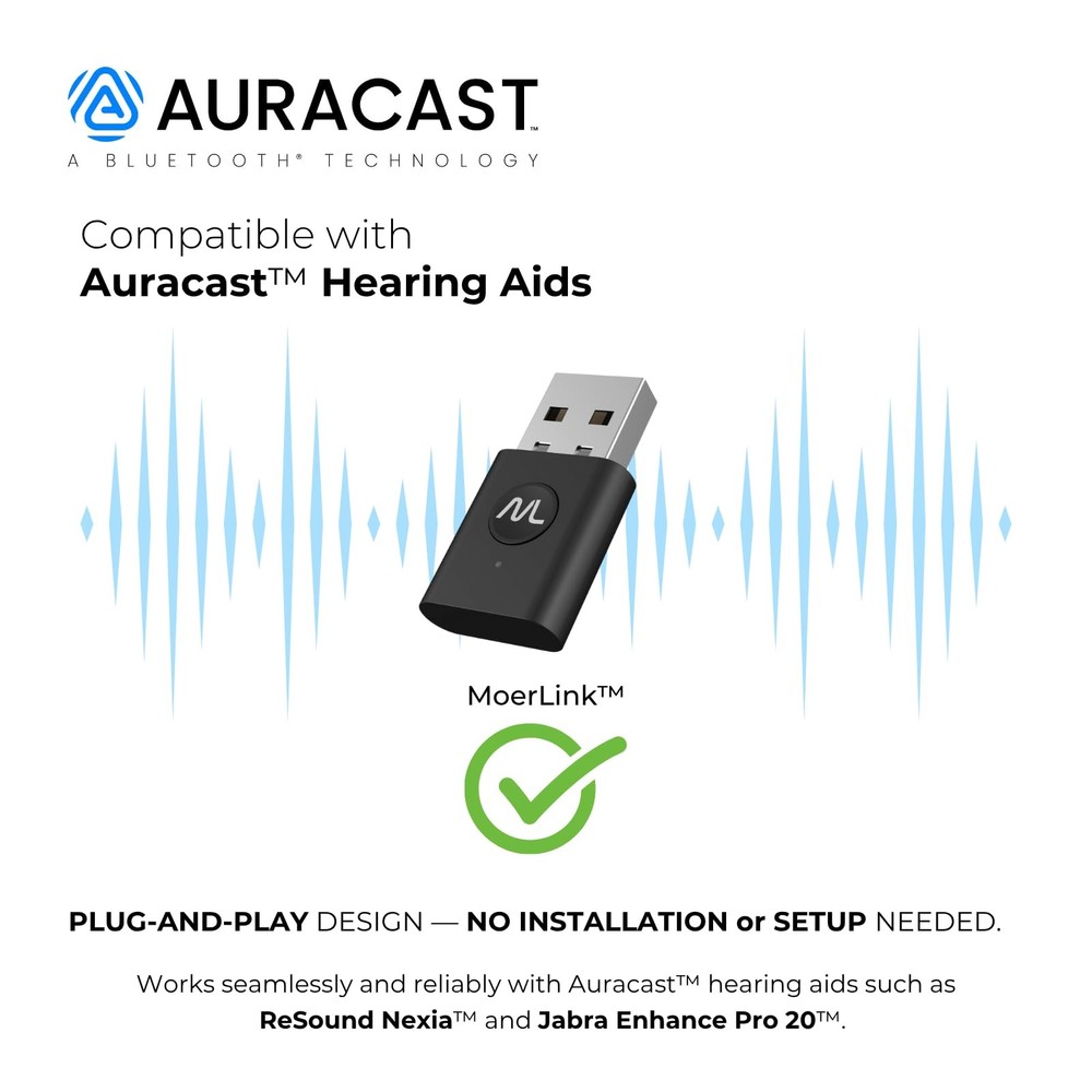 MoerLink Bluetooth 5.3 Auracast Audio Transmitter – USB Plug-and-Play Adapter...