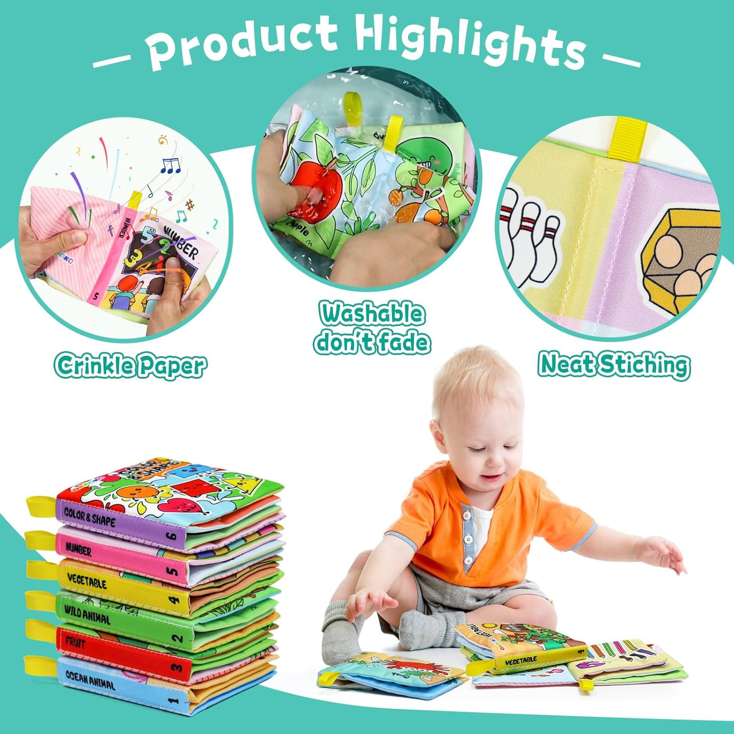 Soft Baby Books 6PCS, Soft Cloth Books, Bath Books, Crinkle Washable, for Kids