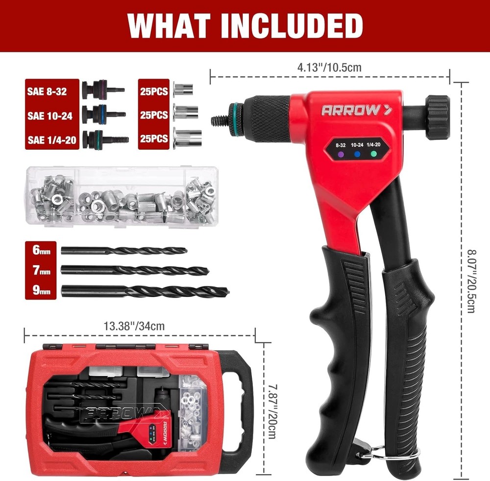8" Rivet Nut Tool Kit with 3 Mandrels 75 Rivnuts & 3 Drill Bits Sturdy Case