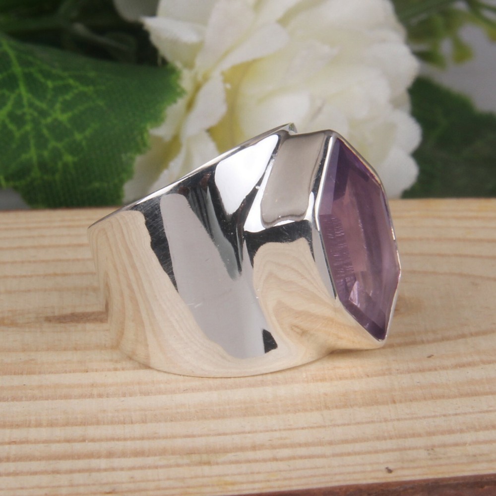 Genuine Amethyst Gemstone Ring 925 Sterling Silver Handmade Statement Rings