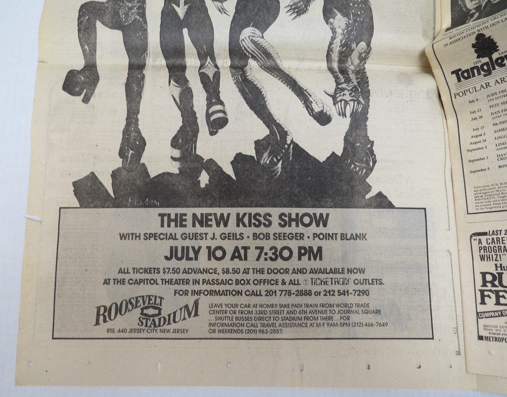 KISS JERSEY CITY 7/10/76 CONCERT AD FULL NEW YORK TIMES ARTS SECTION 50TH ANN!