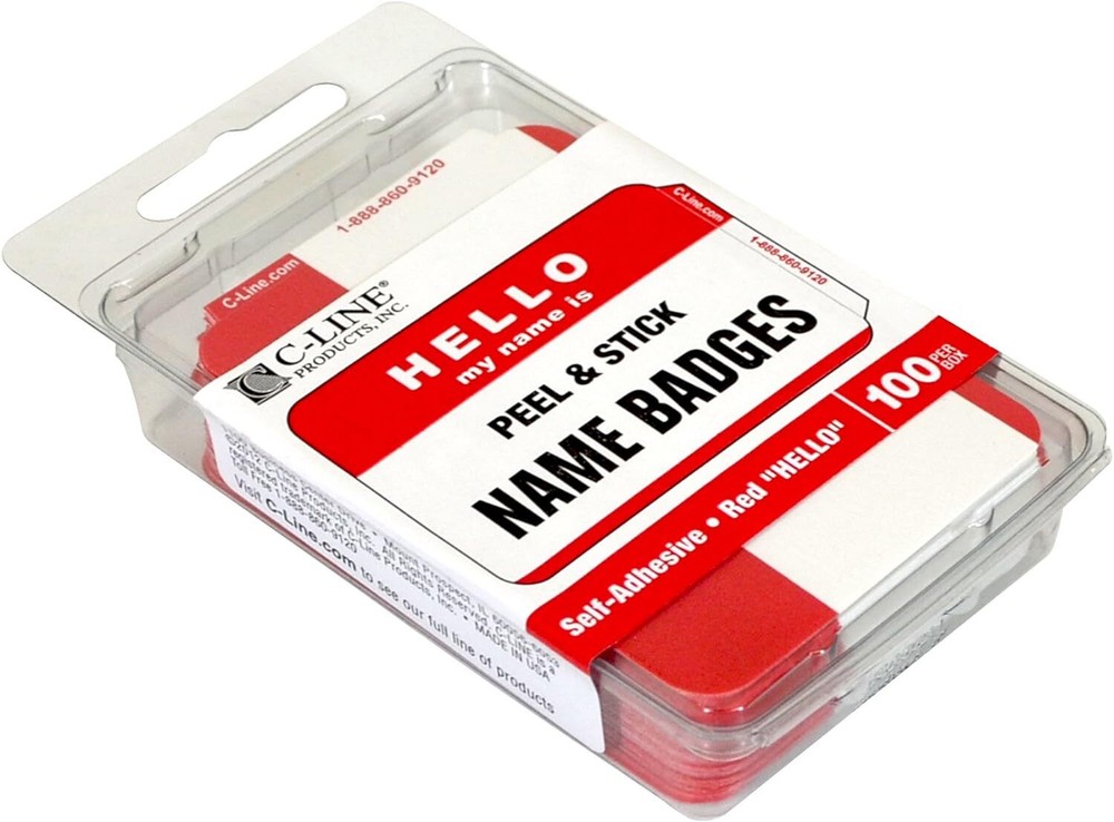 Hello badges, red, 3 x 2, 100/BX