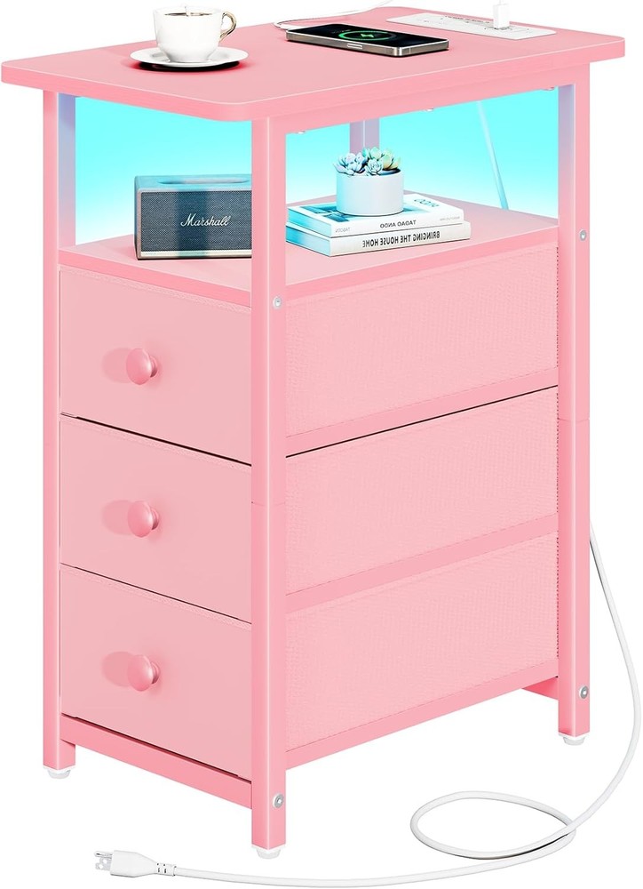 End Table W/ Charging Station LED Narrow Side Table Bedside Table Small Night
