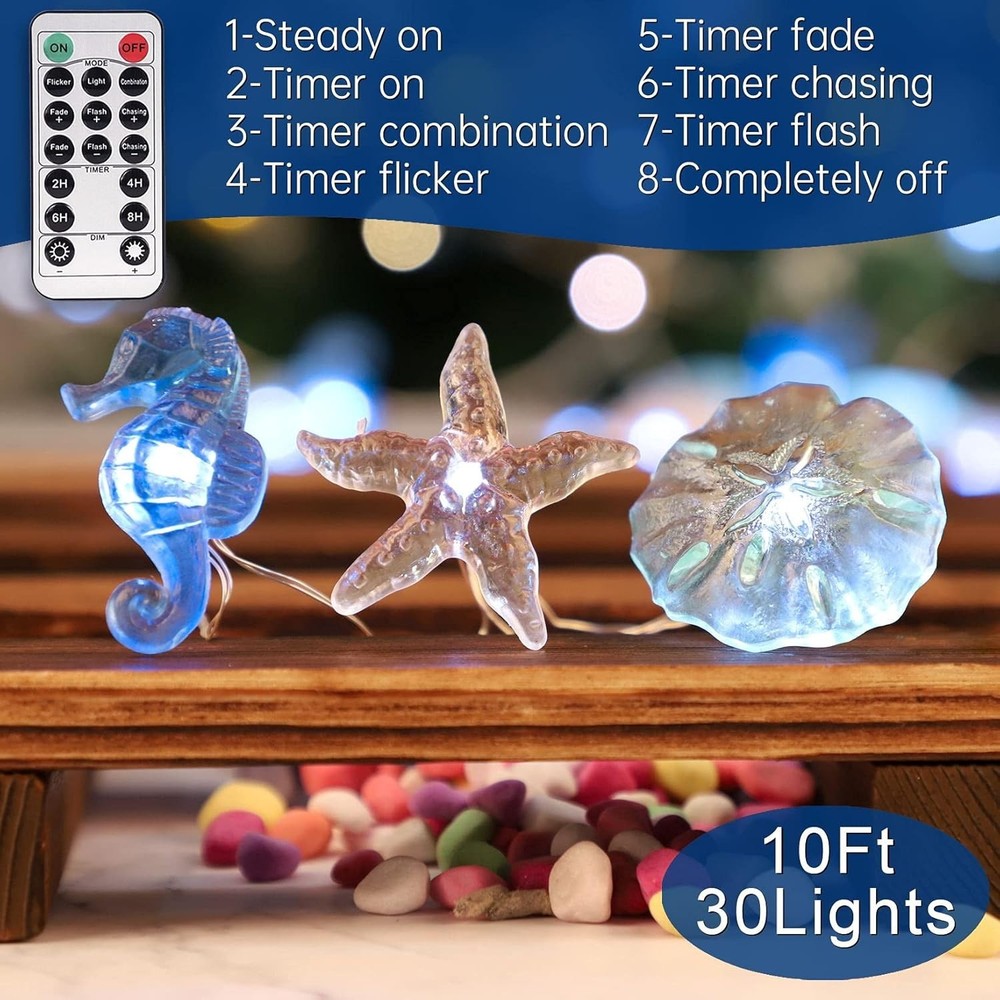 Nautical Ocean Theme String Lights: 30 LEDs with Remote, 10 ft for All Occasions