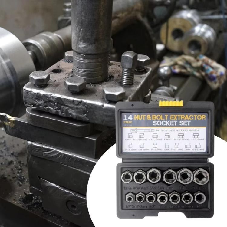 14-Piece Nut Extractor Set, Reverse-Thread Sockets for Bolt Removal, Multi-Size