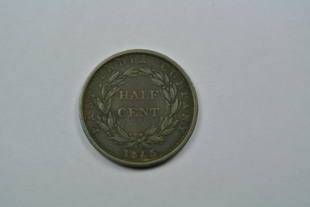 Malaysia 1845 1/2, Half Cent Coin, KM-2, VF Condition - C1925
