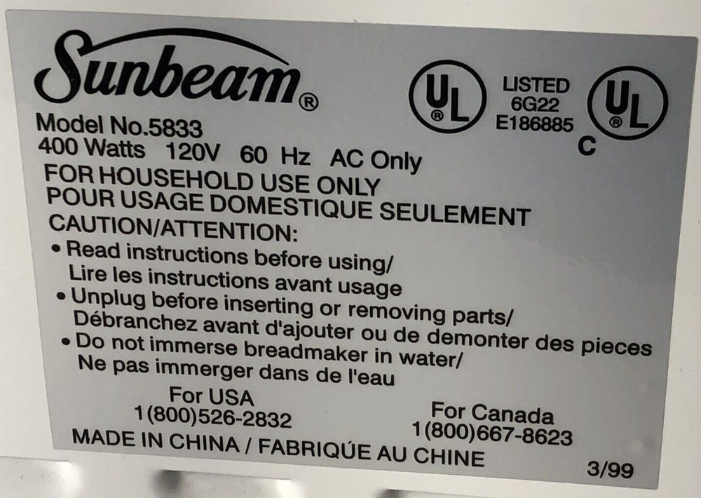 Transformer for Sunbeam Oster Bread Maker Model 5833 5834