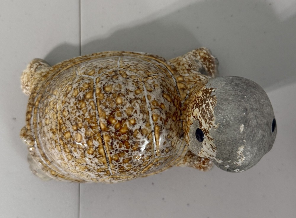 Ceramic Turtle Tortoise Figurine With Glazed Marbled Shell Clay Head Up