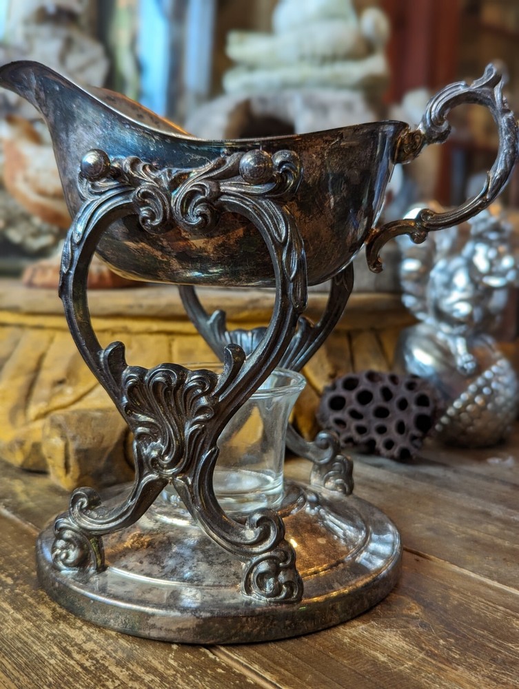 Vintage Silver Plated Gravy Bowl with Stand Sheridan 3 Pc Set Beautiful Patina