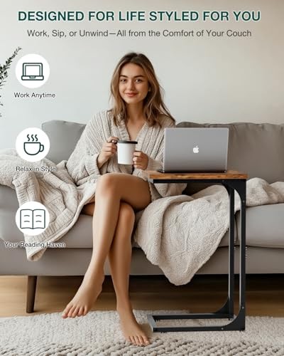 C-Shaped Side Table for 11.8" Width 1-Pack Rustic Brown Without Power Outlets