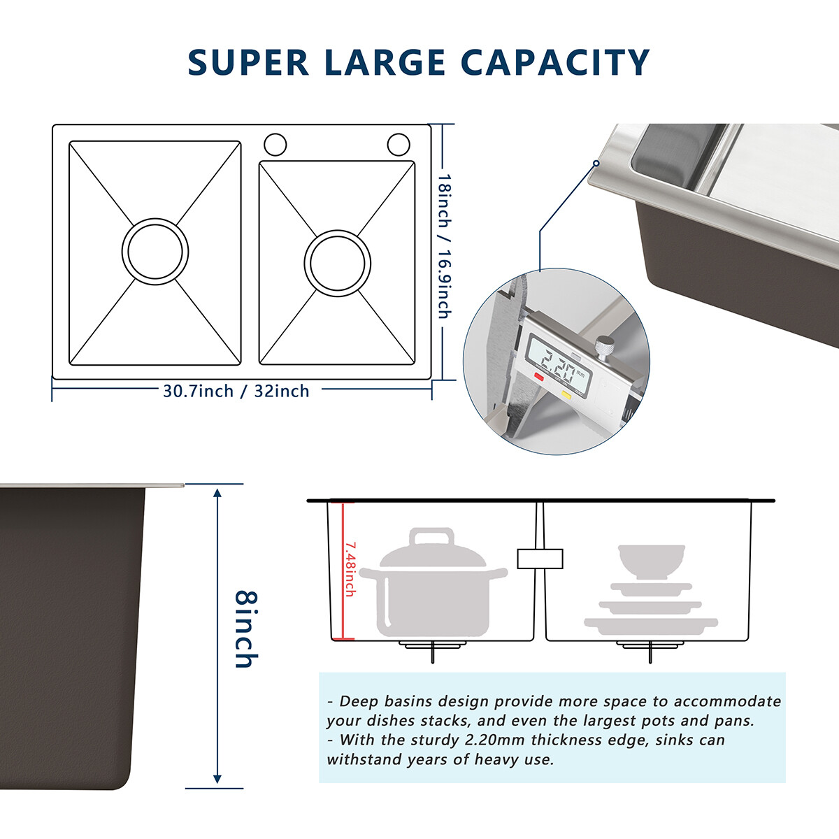 30"/32" Drop In Kitchen Sink Silver Stainless Steel Large Double Bowl Top Mount