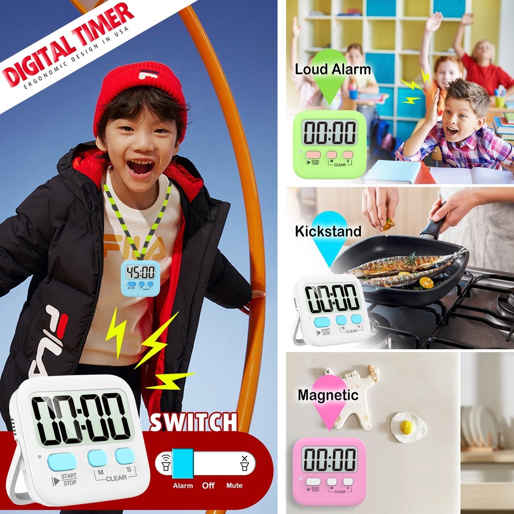 2 Pack Digital Kitchen Timers Countdown Timers with Magnetic Backing Stand
