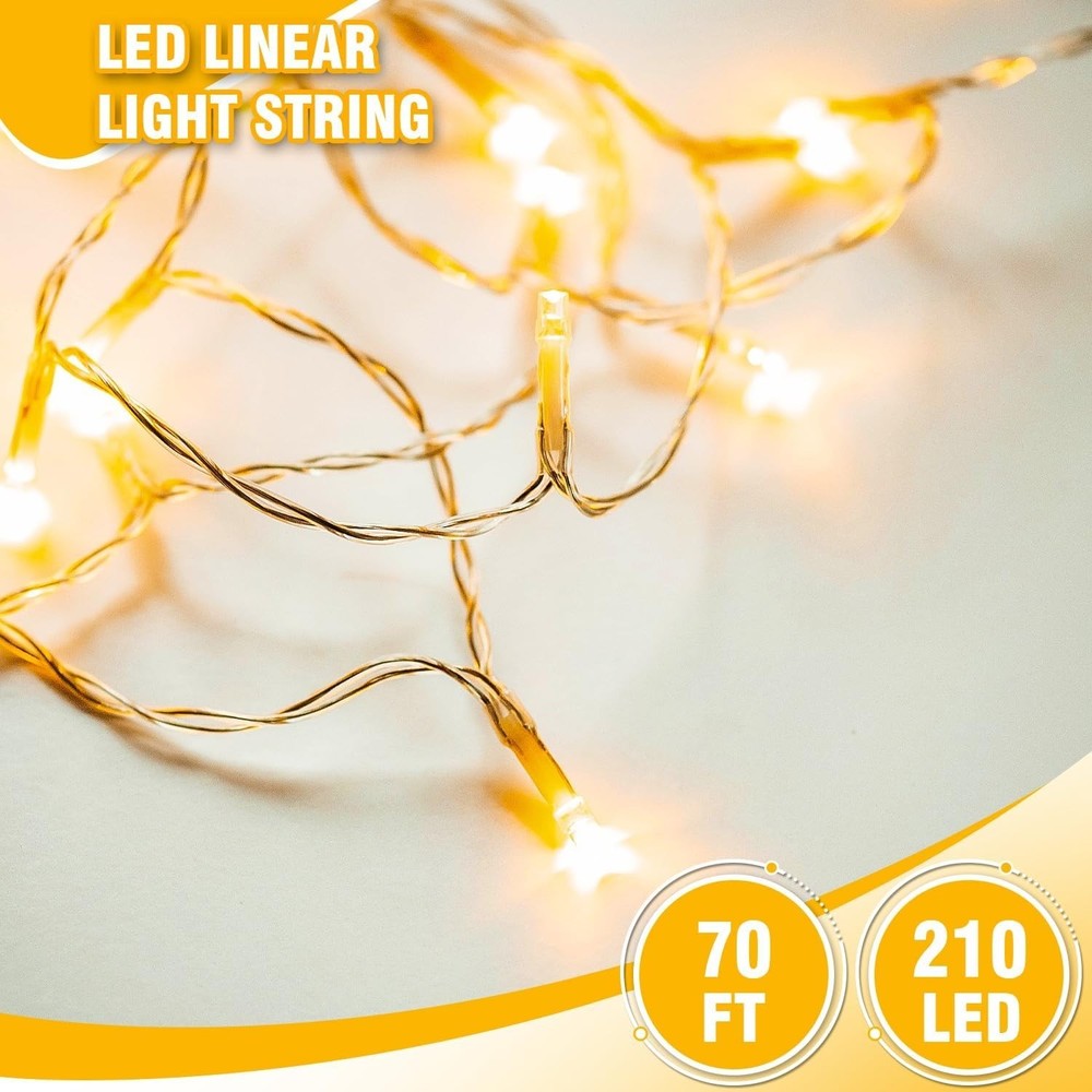 210 LEDs Warm White LED String Lights – 70FT Transparent Wire Waterproof &