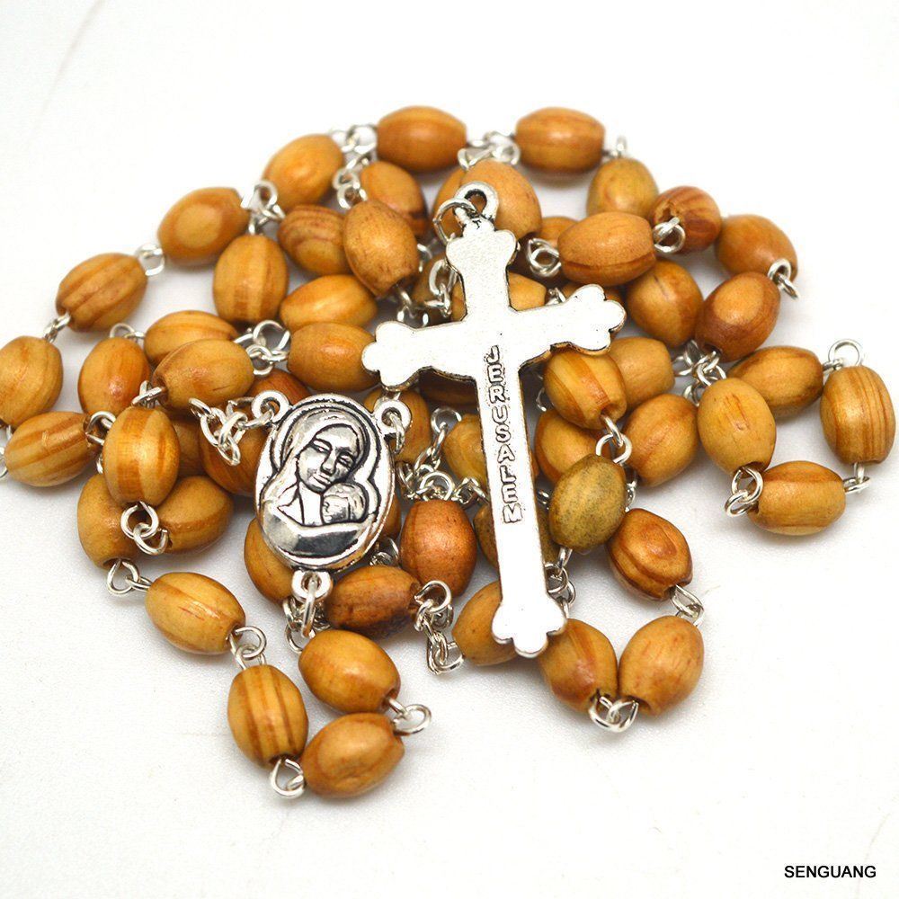 CATHOLIC ROSARY Olive Wood Necklace+pouch Handmade in JERUSALEM ~ FAST US SELLER