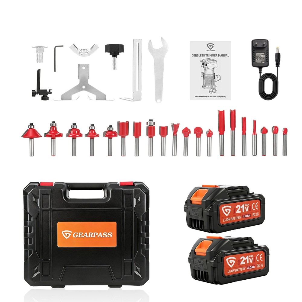 21V Cordless Multi-function Router With 20 Bits 2 Batteries Charger And Wrenches