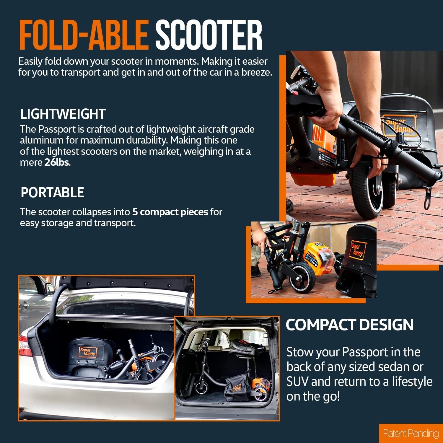 SuperHandy 3 Wheel Folding Electric Powered Long Range Travel Mobility Scooter