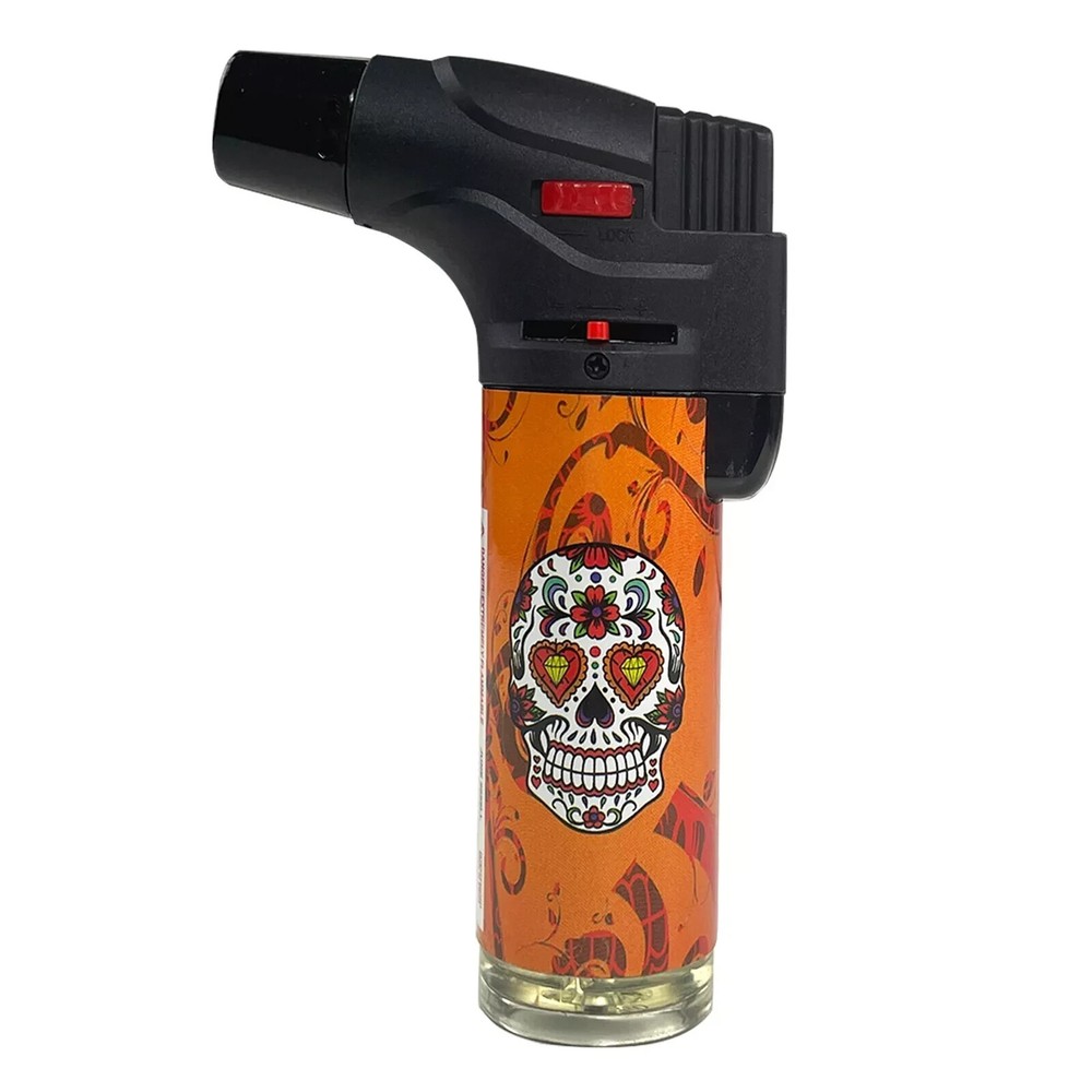 4 Pack Jumbo 4" Jet Flame Torch Gun Lighter Refillable Lockable Candy Skull