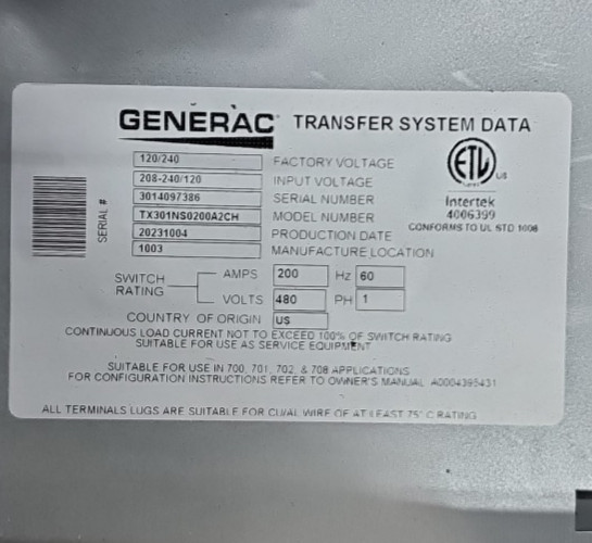 NEW Generac Automatic Transfer Switch 200 amp TX30INSO200A2CH 480V