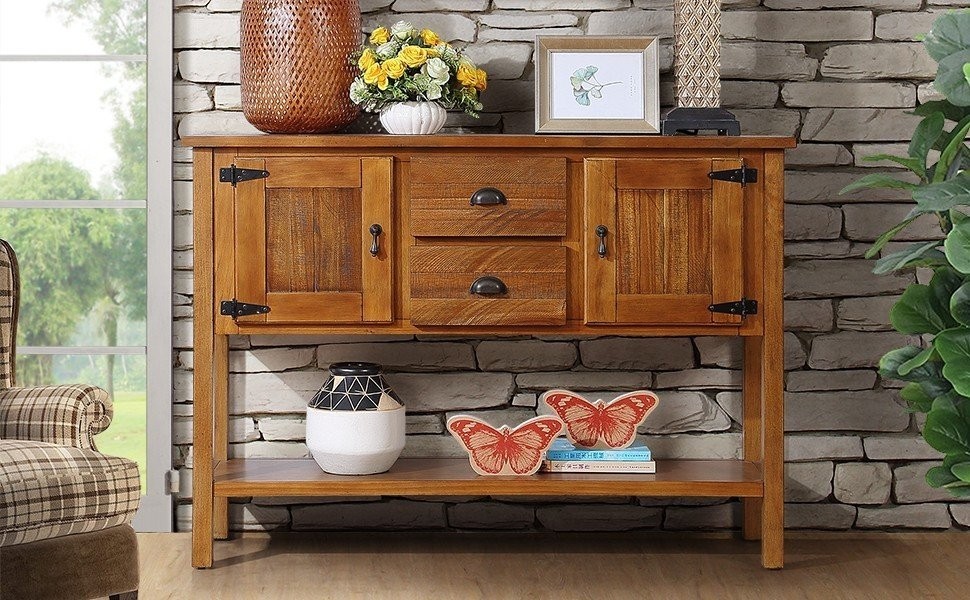 46'' Solid Wood Sideboard Retro Console Table with 2 Drawers & Cabinets