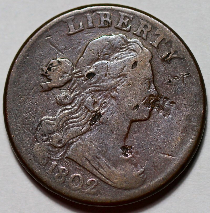1802 Draped Bust Large Cent - Stemless - Damage - US 1c Copper Coin