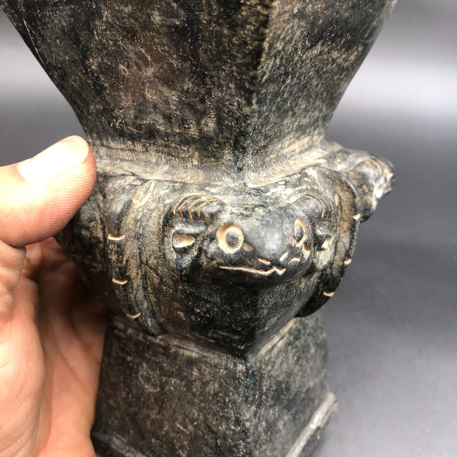 Old HongShan Culture Meteorite Jade Hand-Carved Sheep Head Vessel