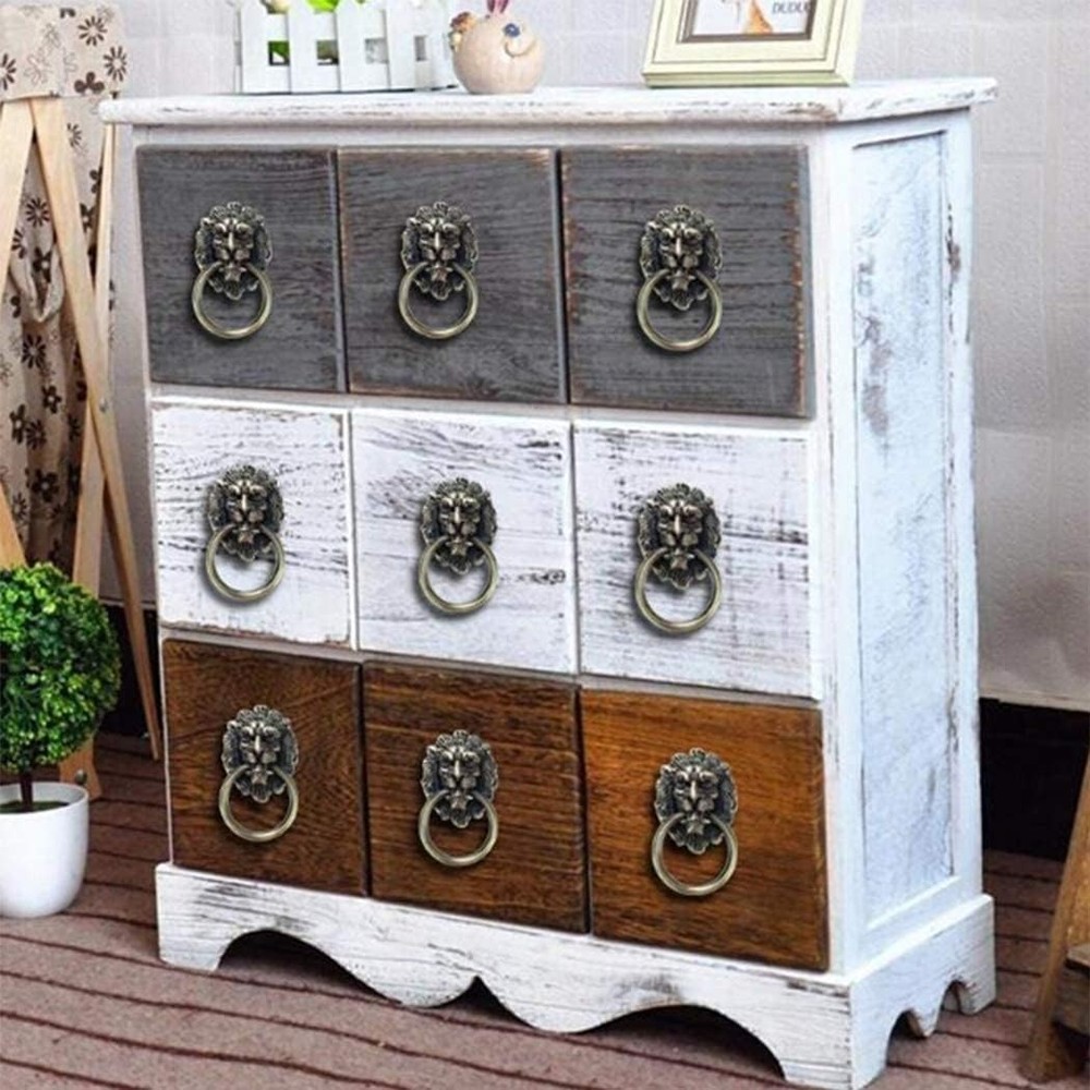 6 Pcs Lion Head Knobs Pull, Antique Bronze Ring Handles for Dresser Drawers