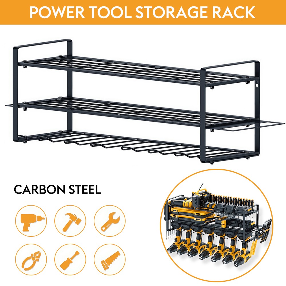 3 Layers Wall-Mounted Power Tool Organizer Storage Rack w/ 7 Drill Holders Shelf