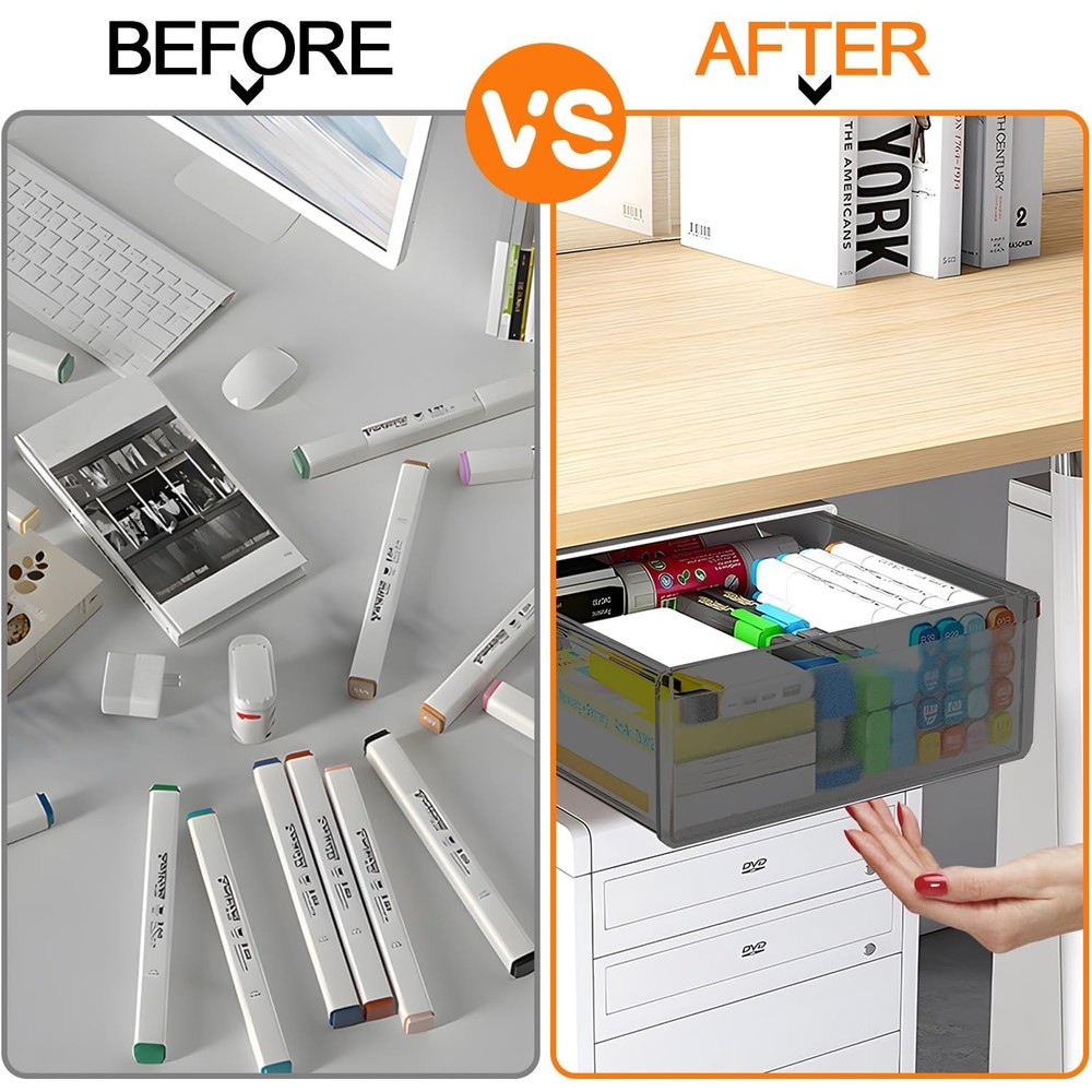 Under Desk Table Drawer Storage Organizer,2 Pack Large & Small Attachment Des...