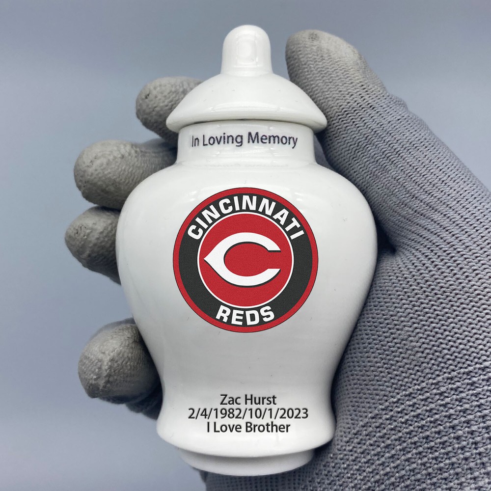 Ceramic Mini Urn for Cincinnati Reds Baseball Theme, Custom Text